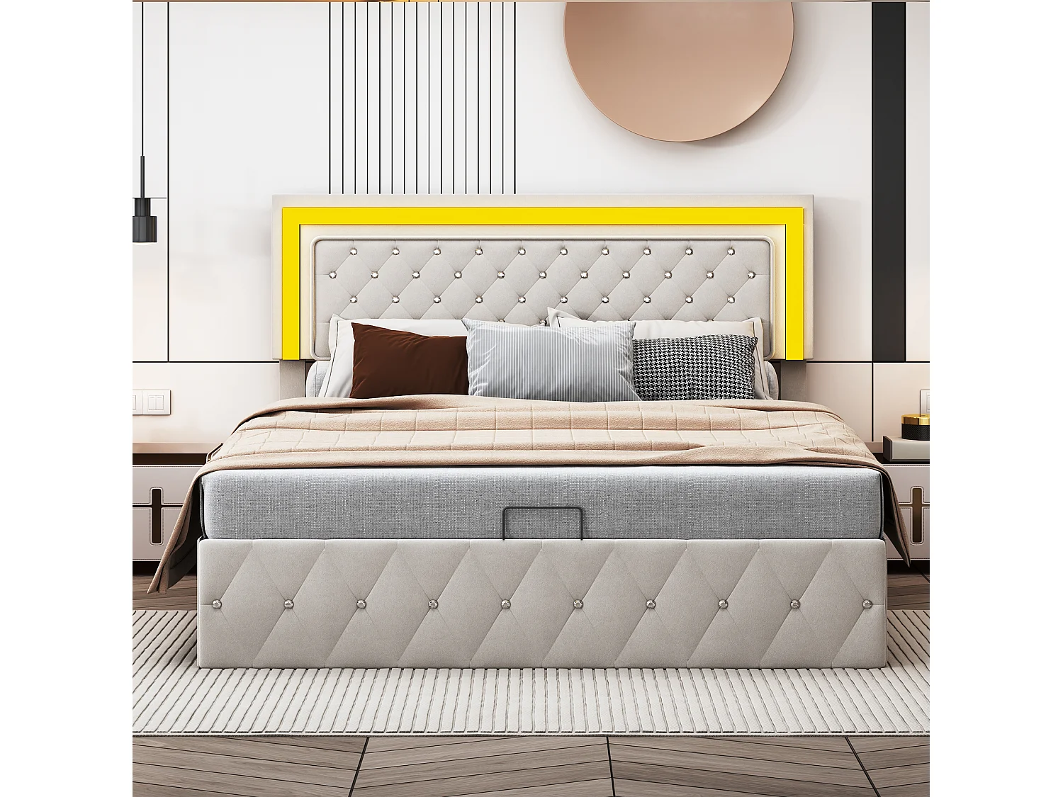 160 x 200 cm großes Bett mit Stauraum, LED-Beleuchtung, verstellbarem Kopfteil, Samtbezug, Beige