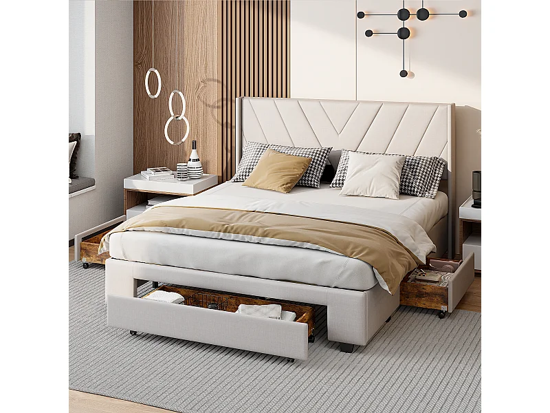 Letto 140 x 200 cm con LED e cassetti, letto matrimoniale con contenitore e rete a doghe, Beige