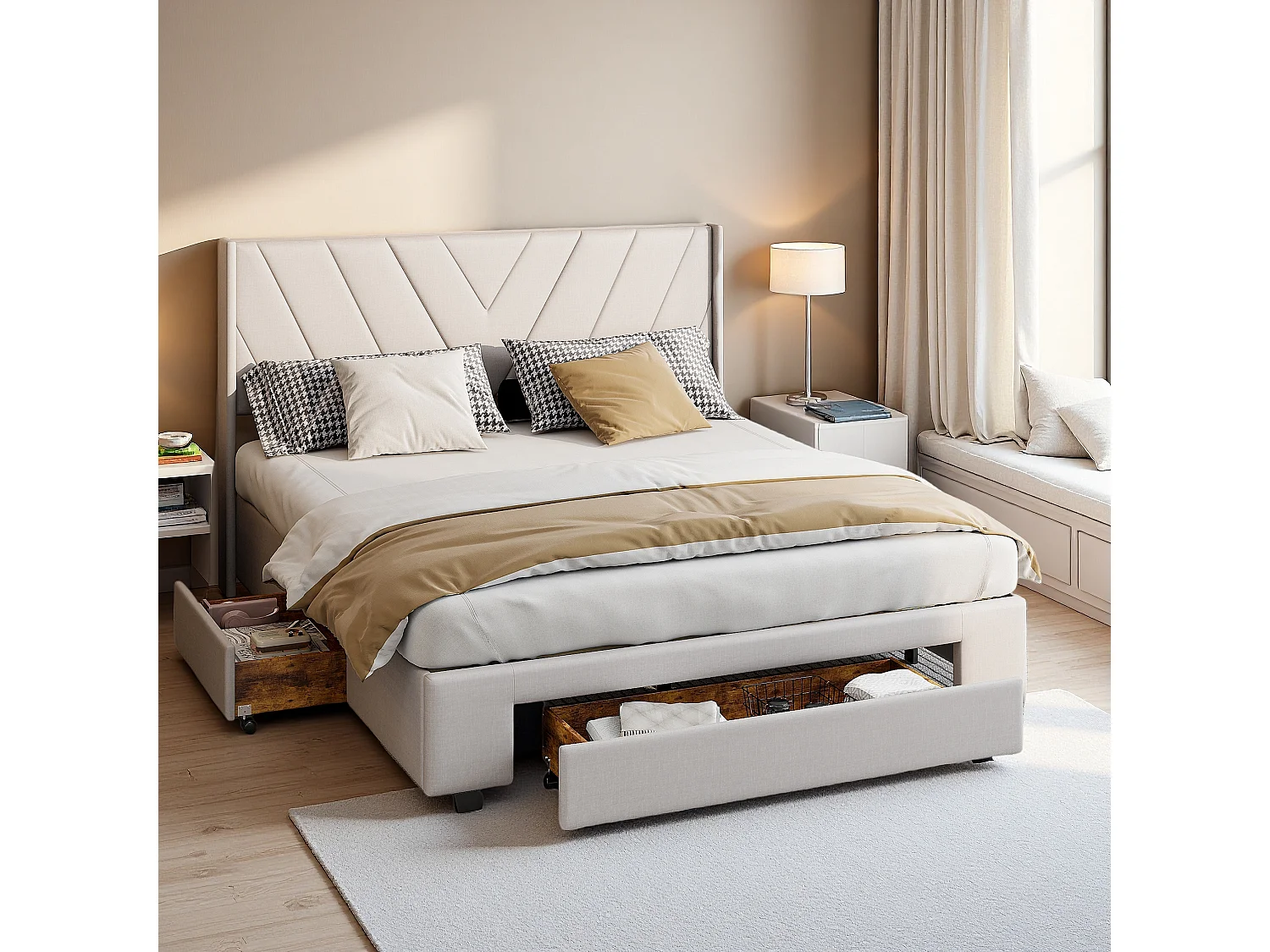 Lit Double 140x200 cm avec 3 tiroirs en Bois Massif, lit Adulte avec sommier à Lattes, lit tapissé avec rangements, Lin, Beige