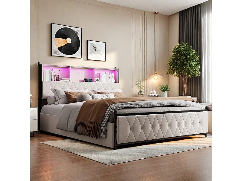 140x200 cm bed met LED- en USB-aansluiting, lattenbodem, gewatteerd tweepersoonsbed met lattenbodem en 4 lades, beige