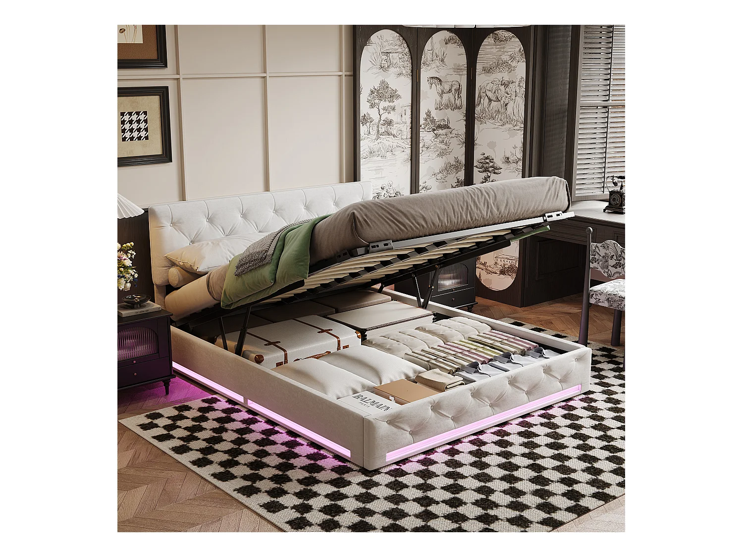 Letto 140x200cm con base e LED, letto contenitore con testiera e contenitore, senza materasso, bianco