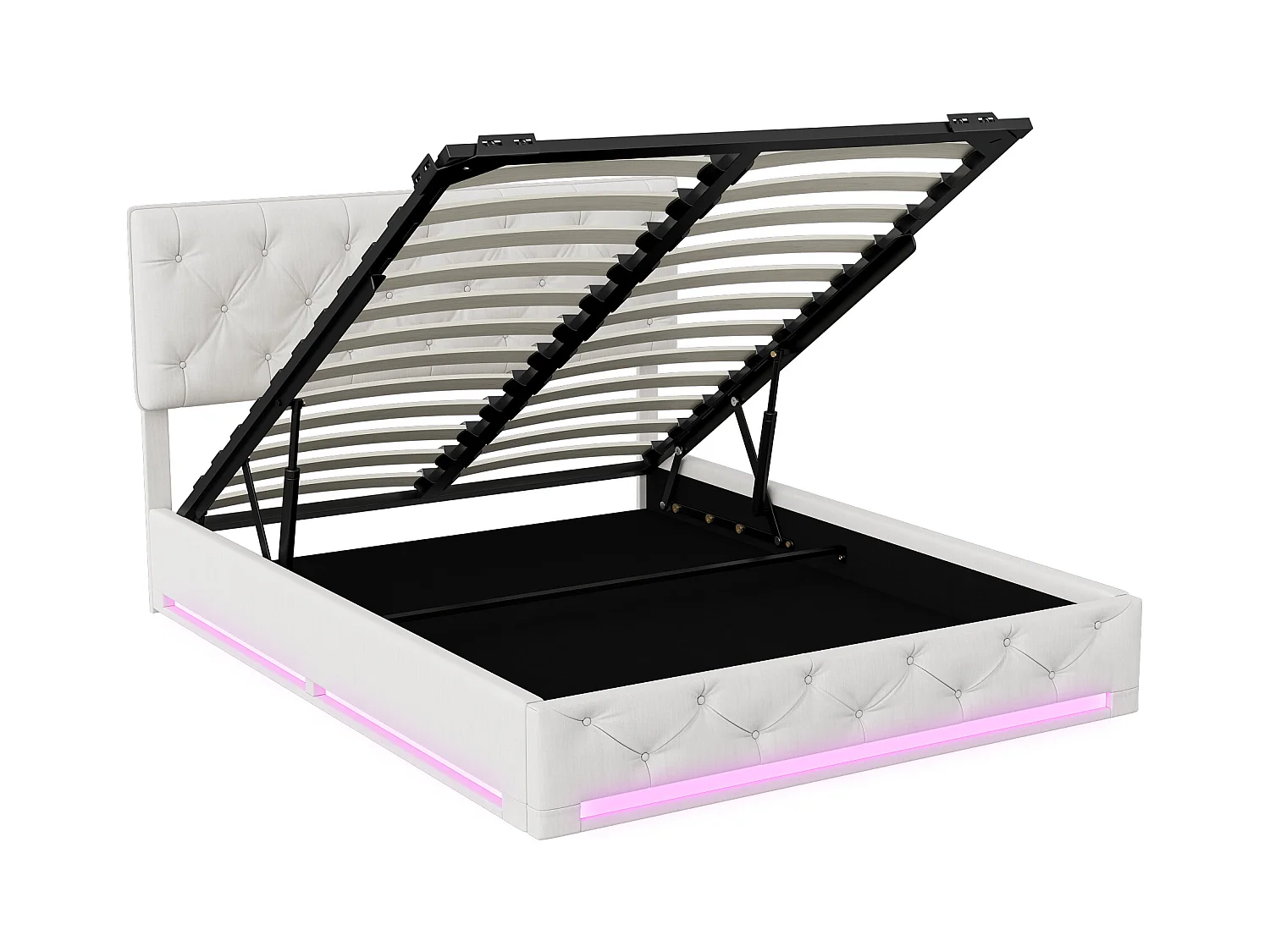 Letto 140x200cm con base e LED, letto contenitore con testiera e contenitore, senza materasso, bianco