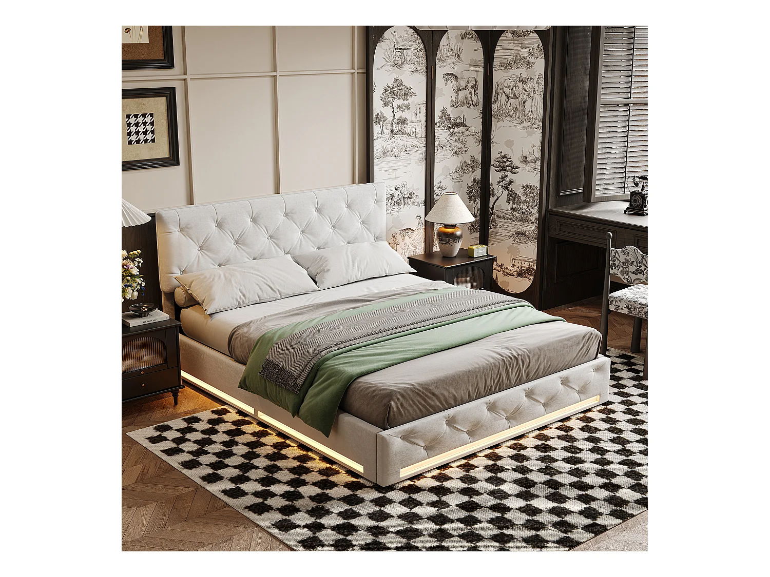 Cama de 140x200cm con base y LED, canapé con cabecero y espacio de almacenaje, sin colchón, color blanco