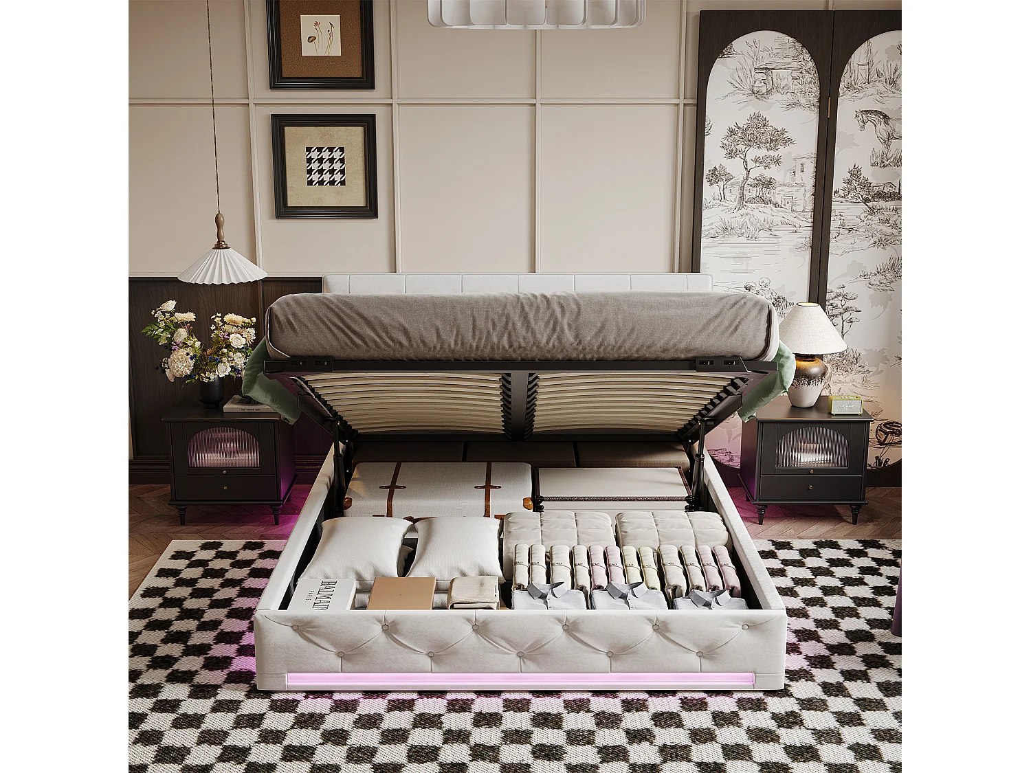 Lit 140x200cm avec Sommier et LED,lit Coffre avec Rangement et Tete de lit,sans Matelas,Blanc