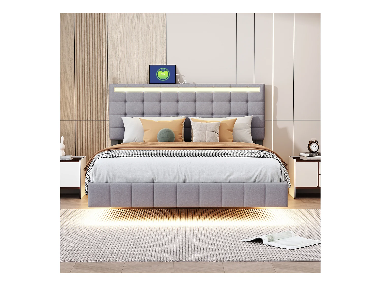 Letto 140 x 200 cm con illuminazione a LED e testiera regolabile, rete a doghe, tessuto di lino, grigio