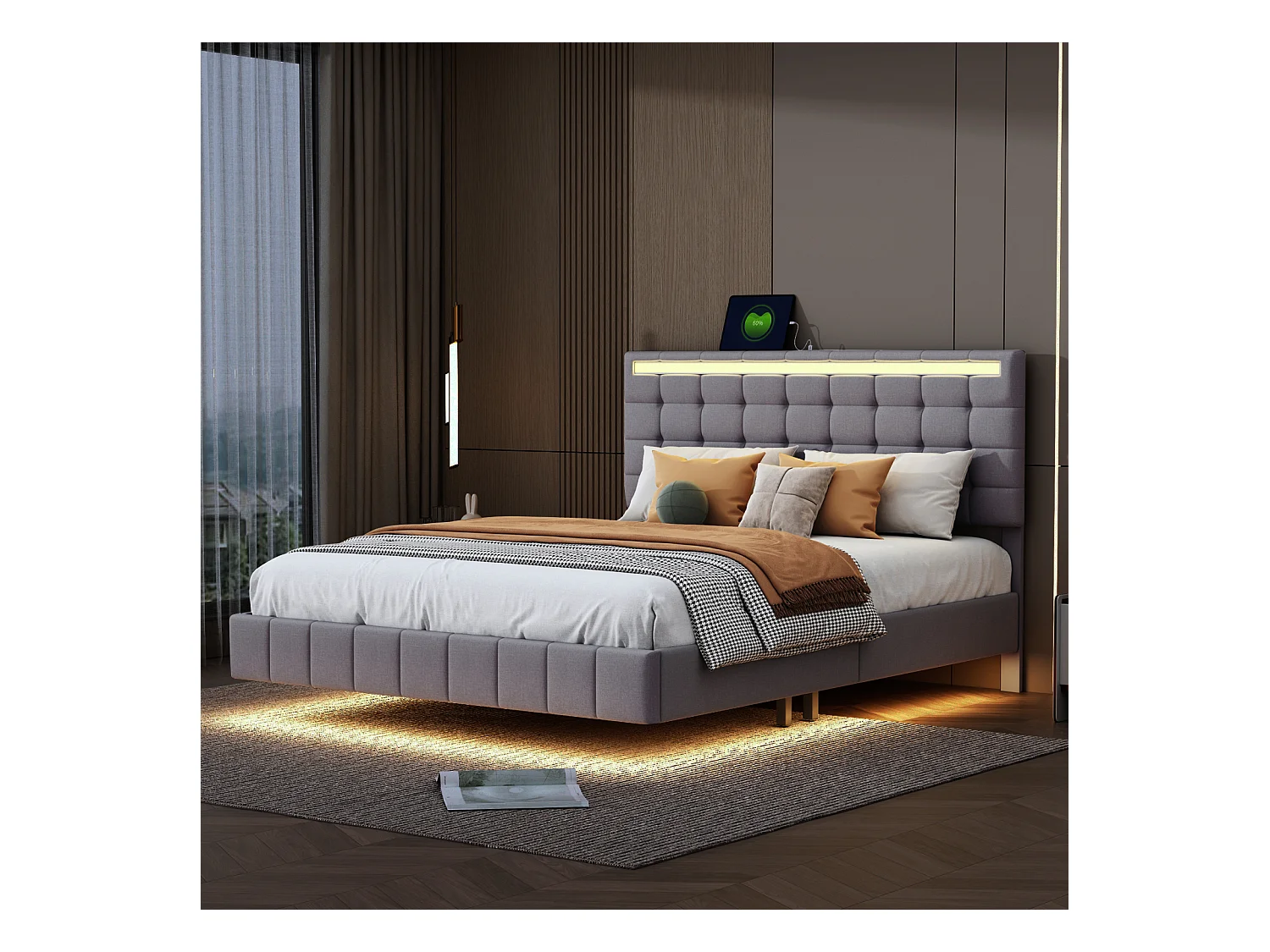 Letto 140 x 200 cm con illuminazione a LED e testiera regolabile, rete a doghe, tessuto di lino, grigio