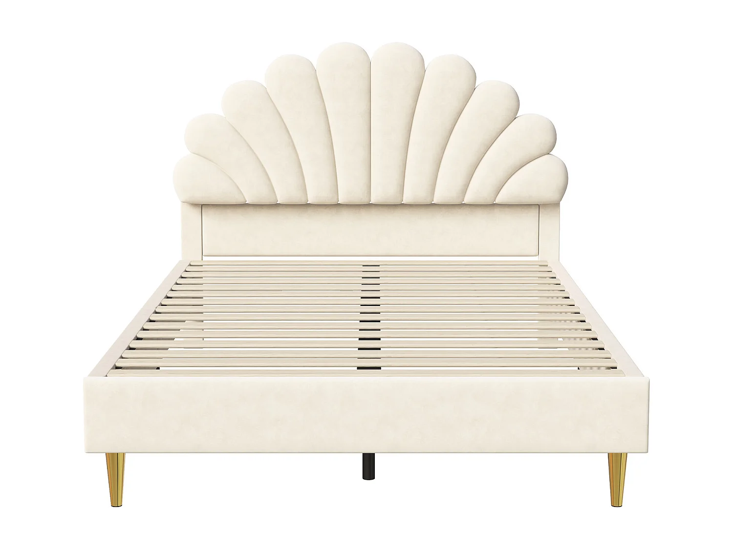 Gestoffeerd bed 140 x 200 cm, tweepersoonsbed met bloemblaadjeshoofdeinde en lattenbodem, fluweel, beige