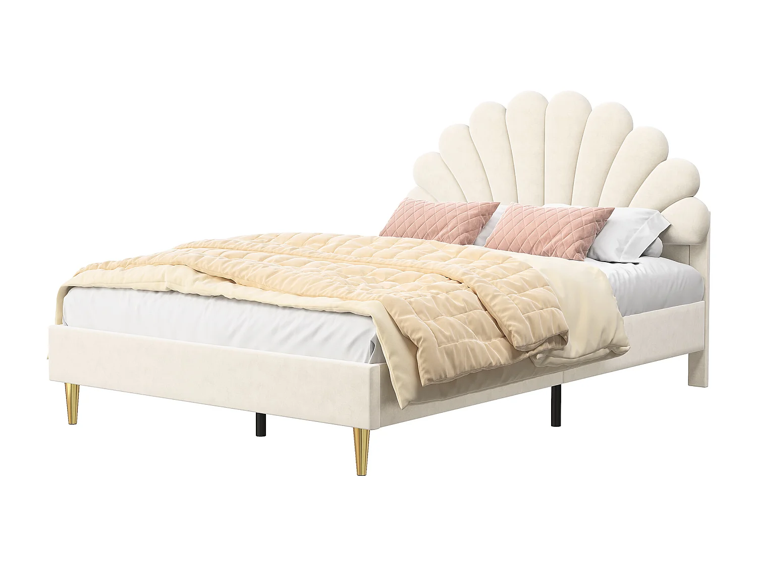 Letto imbottito 140 x 200 cm, letto matrimoniale con testiera a petalo e rete a doghe, velluto, beige