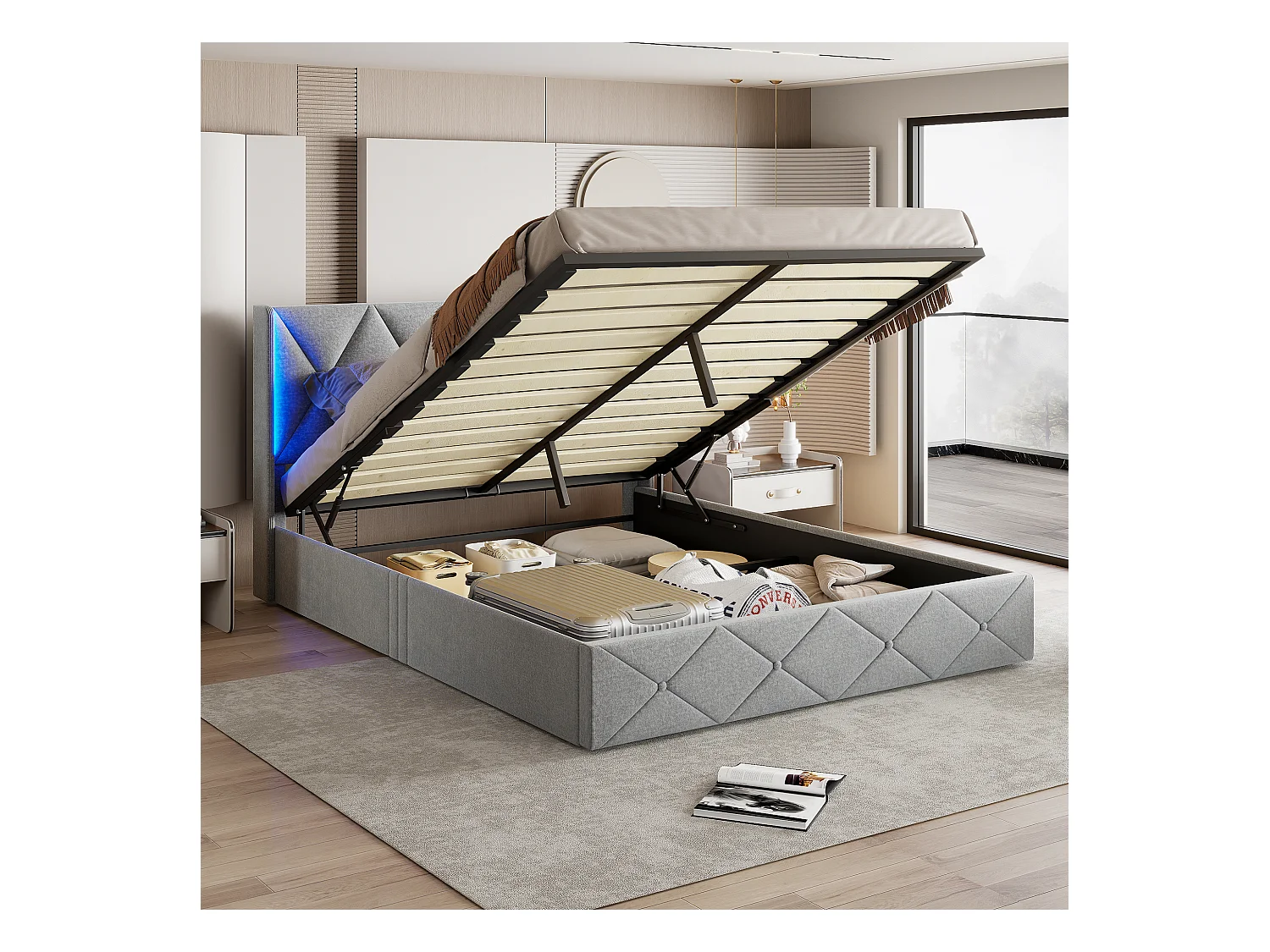 Letto matrimoniale imbottito, 140 x 200 cm, LED, contenitore e rete a doghe, velluto, grigio