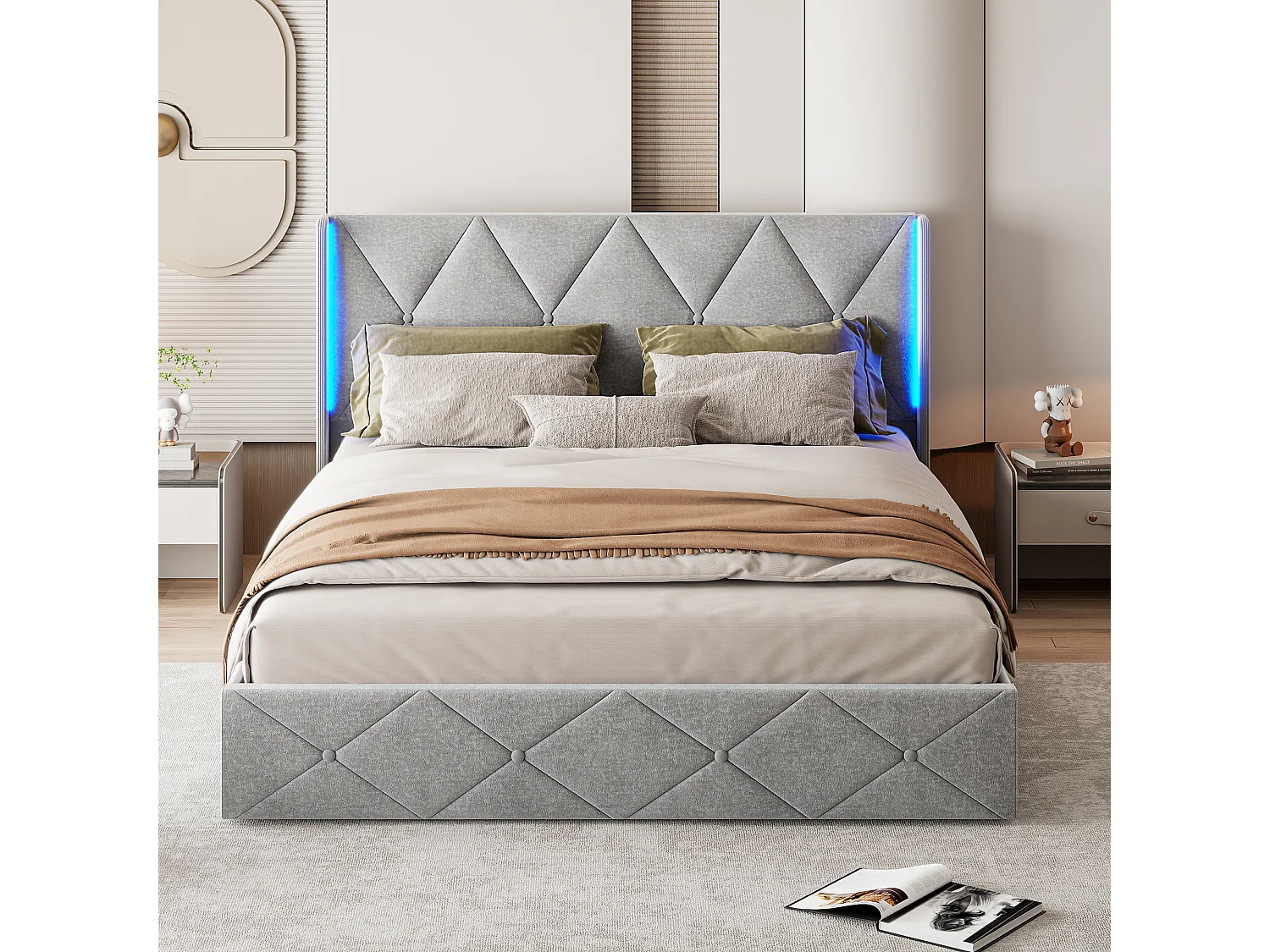 Lit 2 Personnes Rembourré 140x200cm, Lits Capitonné avec Rangement, avec LED et Sommier à Lattes en Bois et Tête de Lits, Gris
