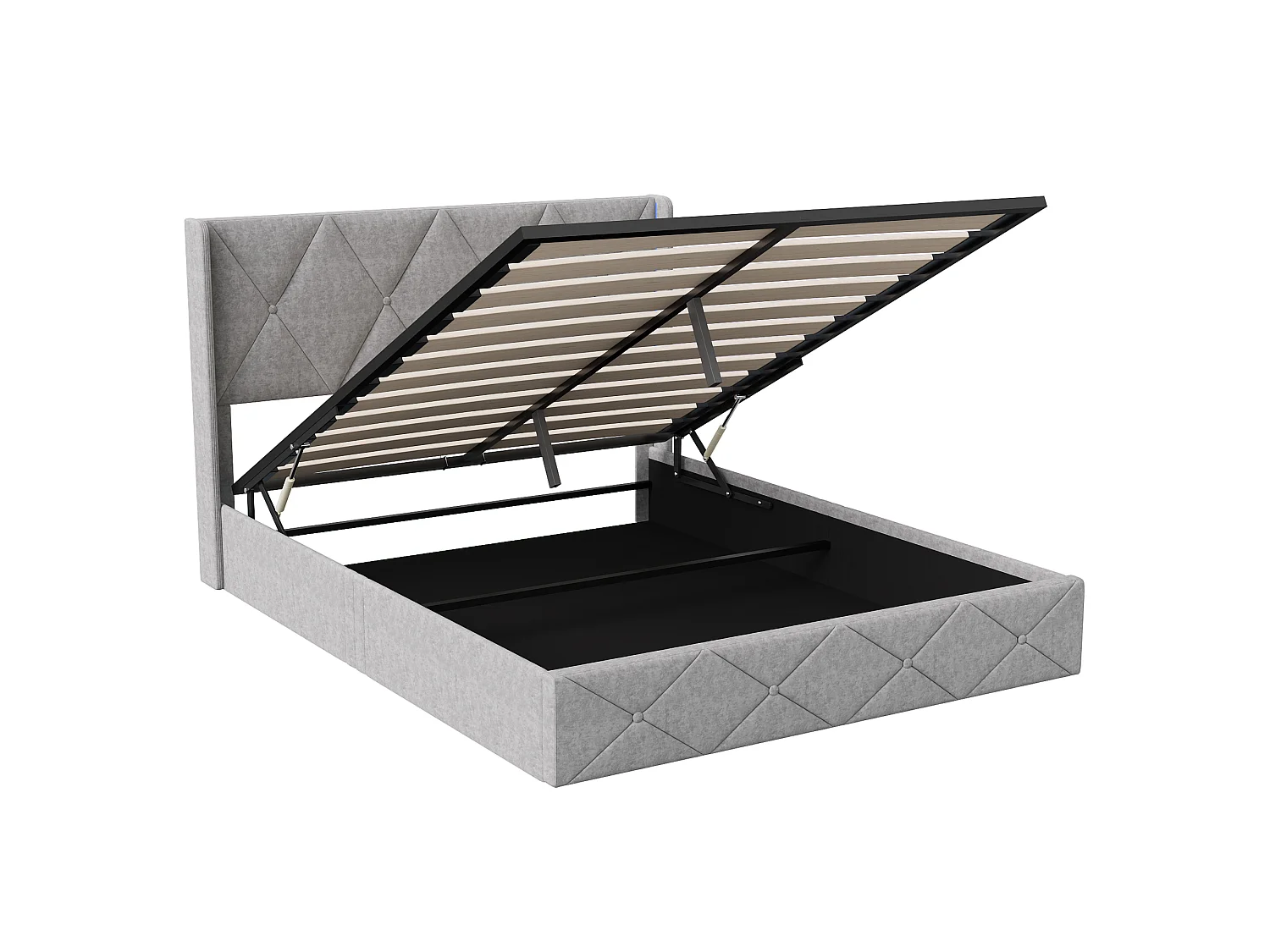 Lit 2 Personnes Rembourré 140x200cm, Lits Capitonné avec Rangement, avec LED et Sommier à Lattes en Bois et Tête de Lits, Gris