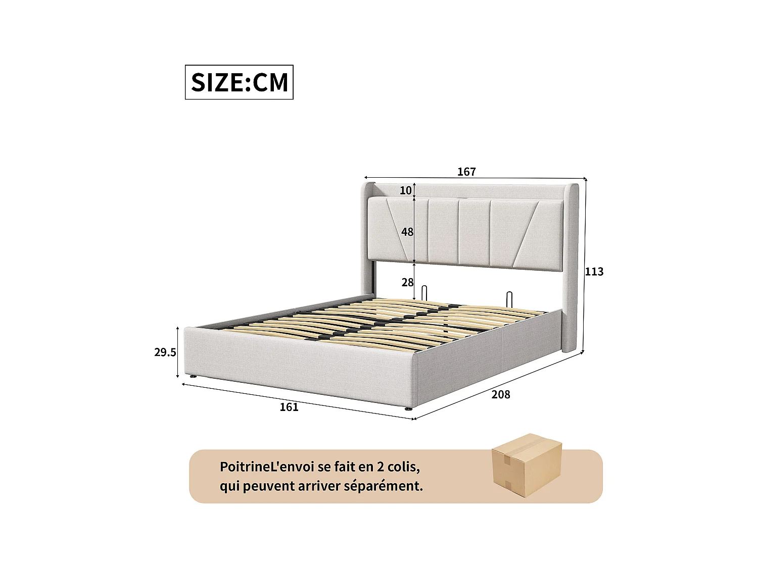 Lit double rembourré 160 x 200 cm, avec espace de rangement, cadre de lit avec USB/type C, beige