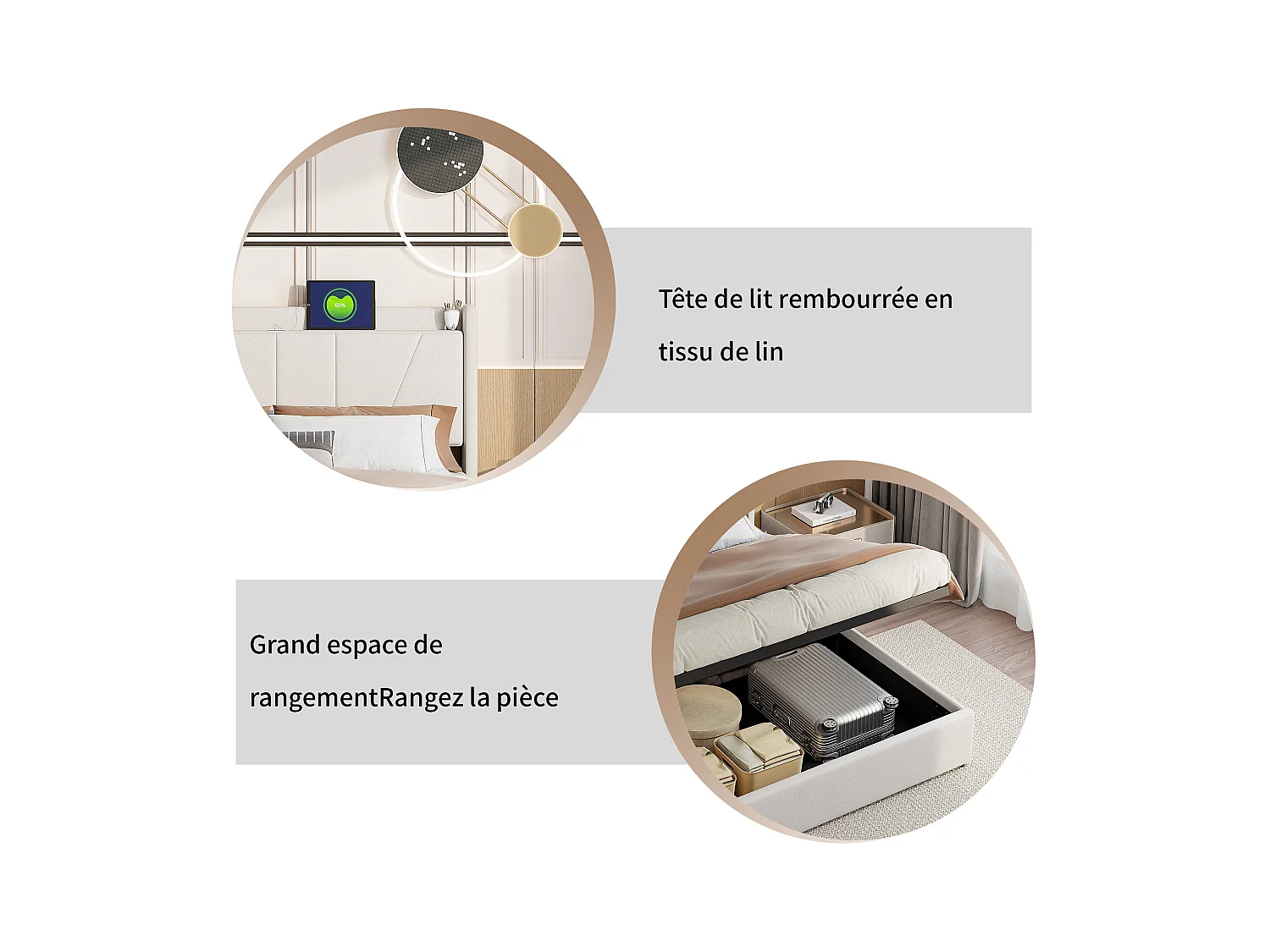 Lit double rembourré 160 x 200 cm, avec espace de rangement, cadre de lit avec USB/type C, beige