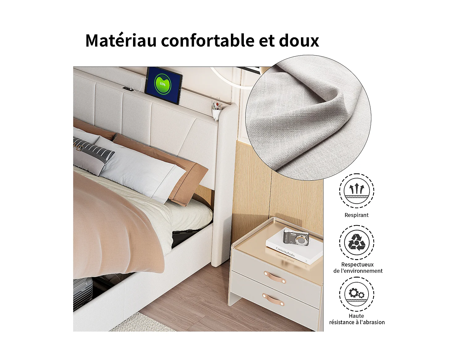 Lit double rembourré 160 x 200 cm, avec espace de rangement, cadre de lit avec USB/type C, beige