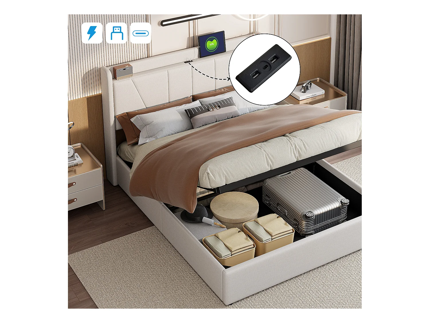 Lit double rembourré 160 x 200 cm, avec espace de rangement, cadre de lit avec USB/type C, beige