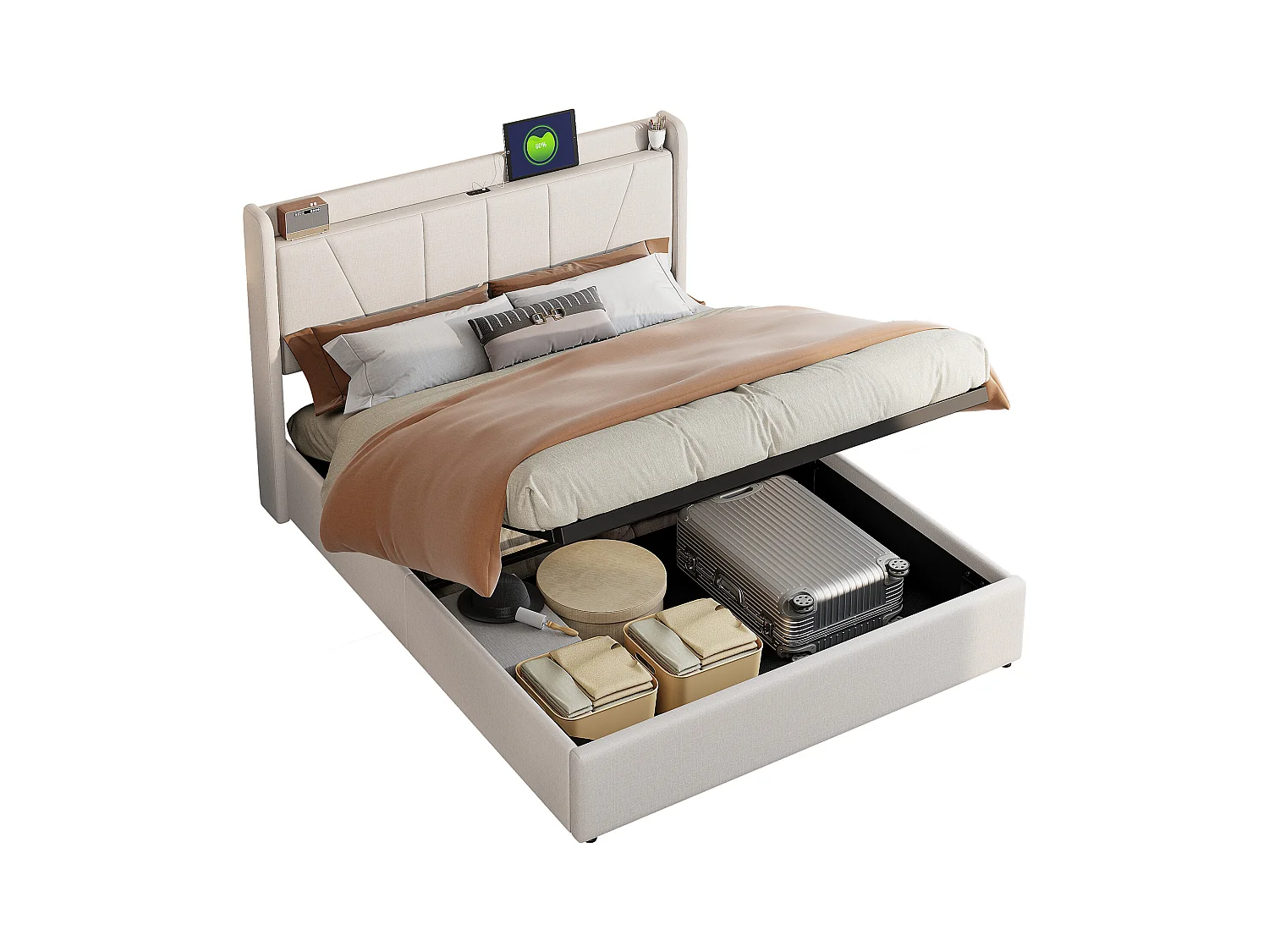 Lit double rembourré 160 x 200 cm, avec espace de rangement, cadre de lit avec USB/type C, beige