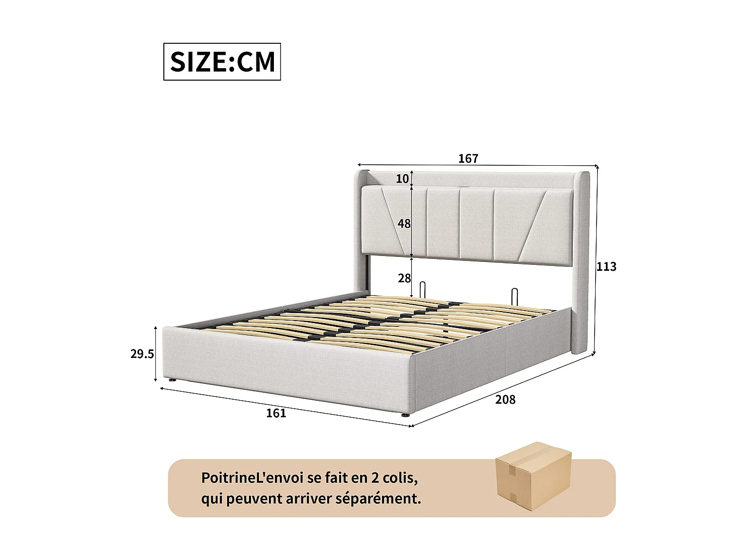 Letto matrimoniale imbottito 160 x 200 cm, con vano contenitore, struttura letto con USB/Type C, beige