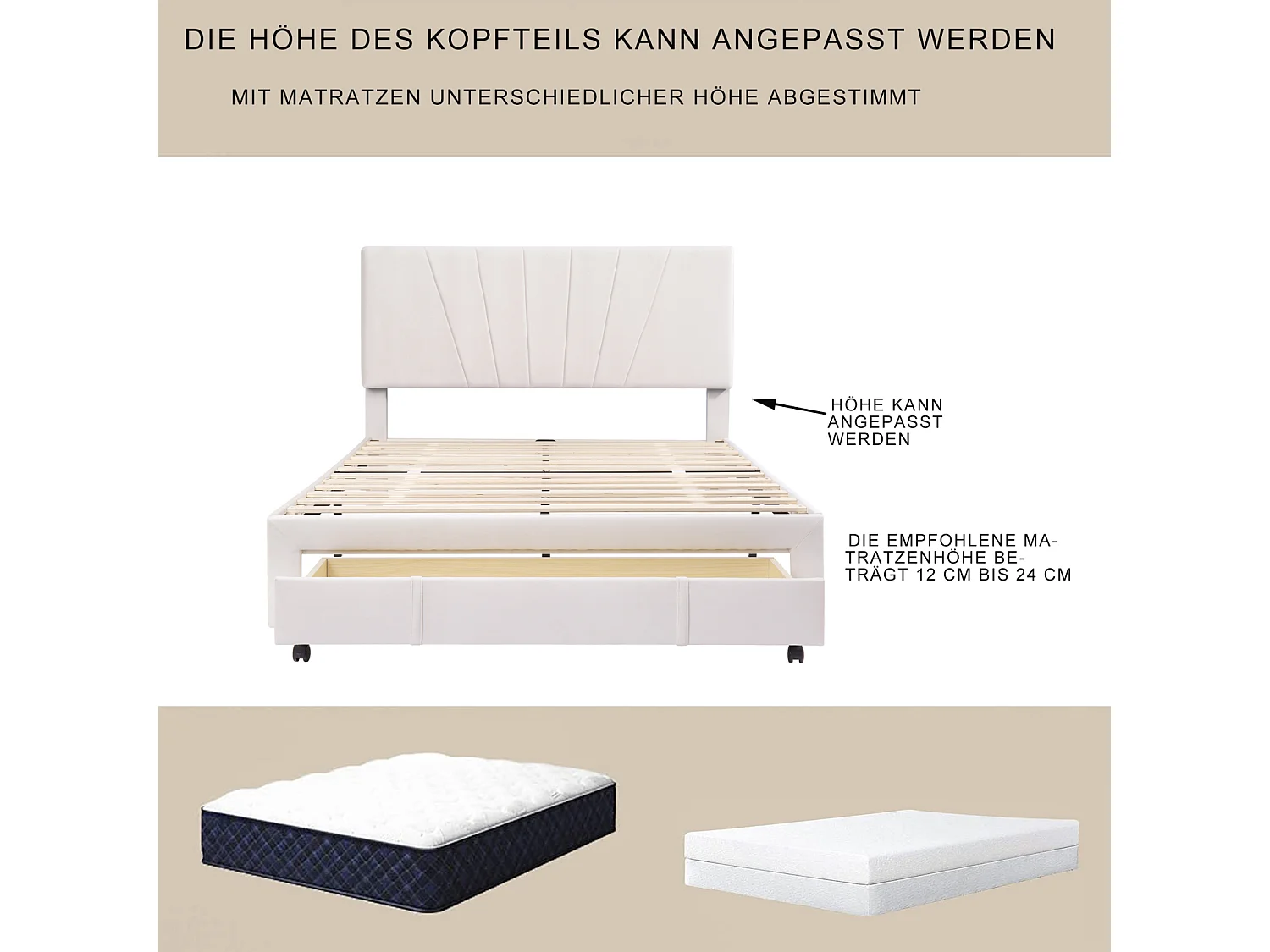 Gepolstertes Doppelbett (140 x 200 cm) mit Lattenrost, Kopfteil und großer Schublade, beige