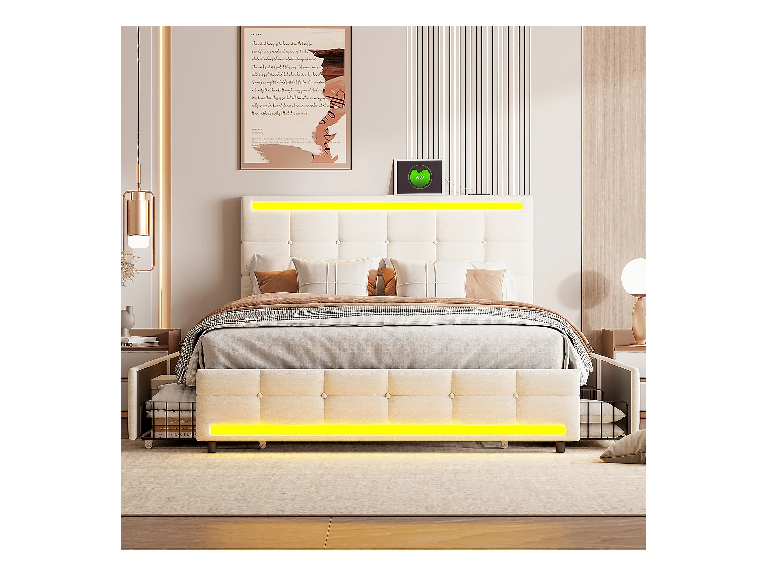 Tweepersoonsbed 140x200cm, met LED-verlichting en USB-oplaadpoort, opbergbed met 4 lades, linnen, beige