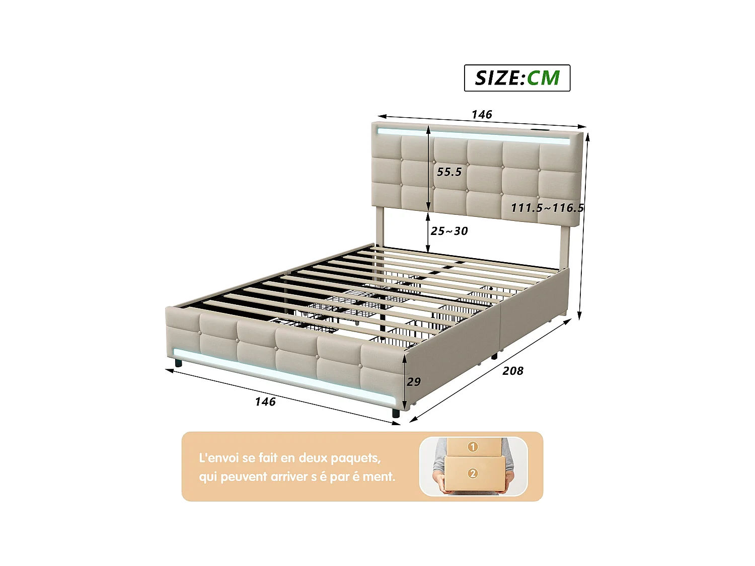 Tweepersoonsbed 140x200cm, met LED-verlichting en USB-oplaadpoort, opbergbed met 4 lades, linnen, beige