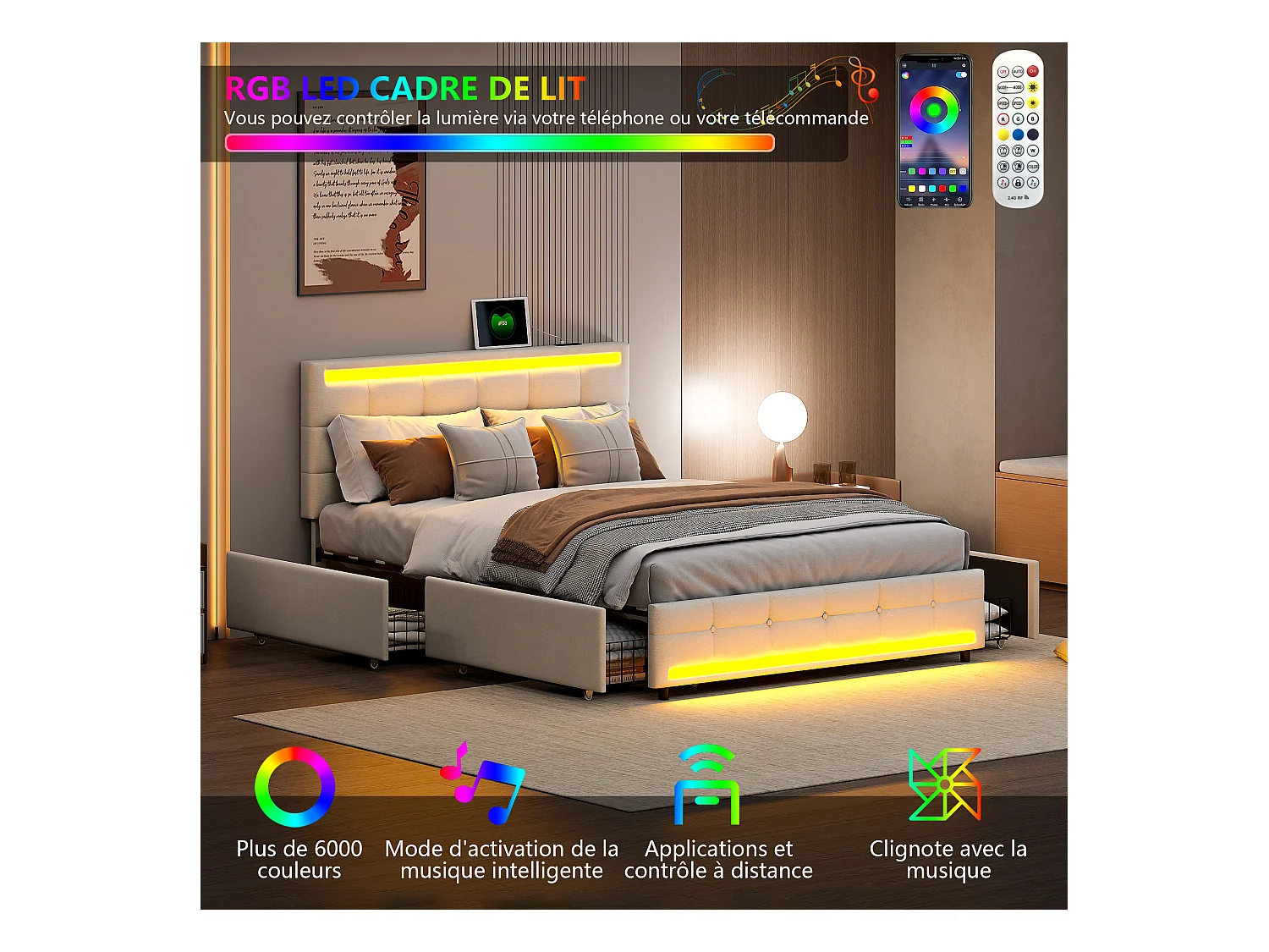 Tweepersoonsbed 140x200cm, met LED-verlichting en USB-oplaadpoort, opbergbed met 4 lades, linnen, beige
