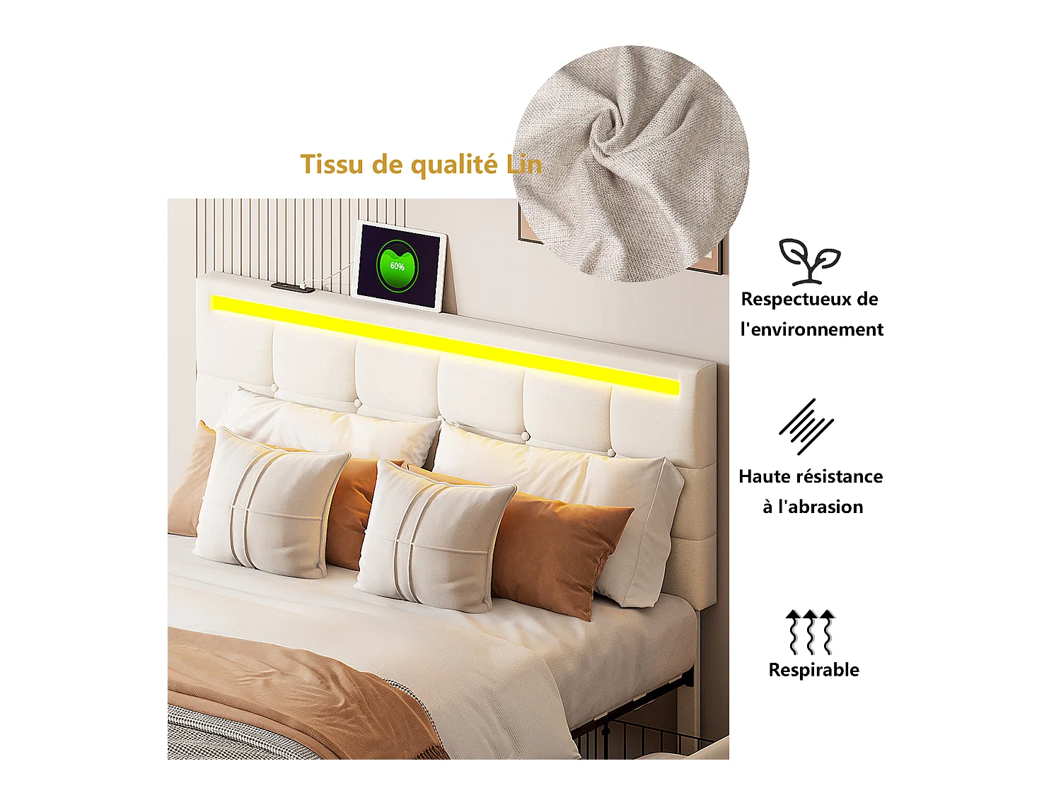 Tweepersoonsbed 140x200cm, met LED-verlichting en USB-oplaadpoort, opbergbed met 4 lades, linnen, beige