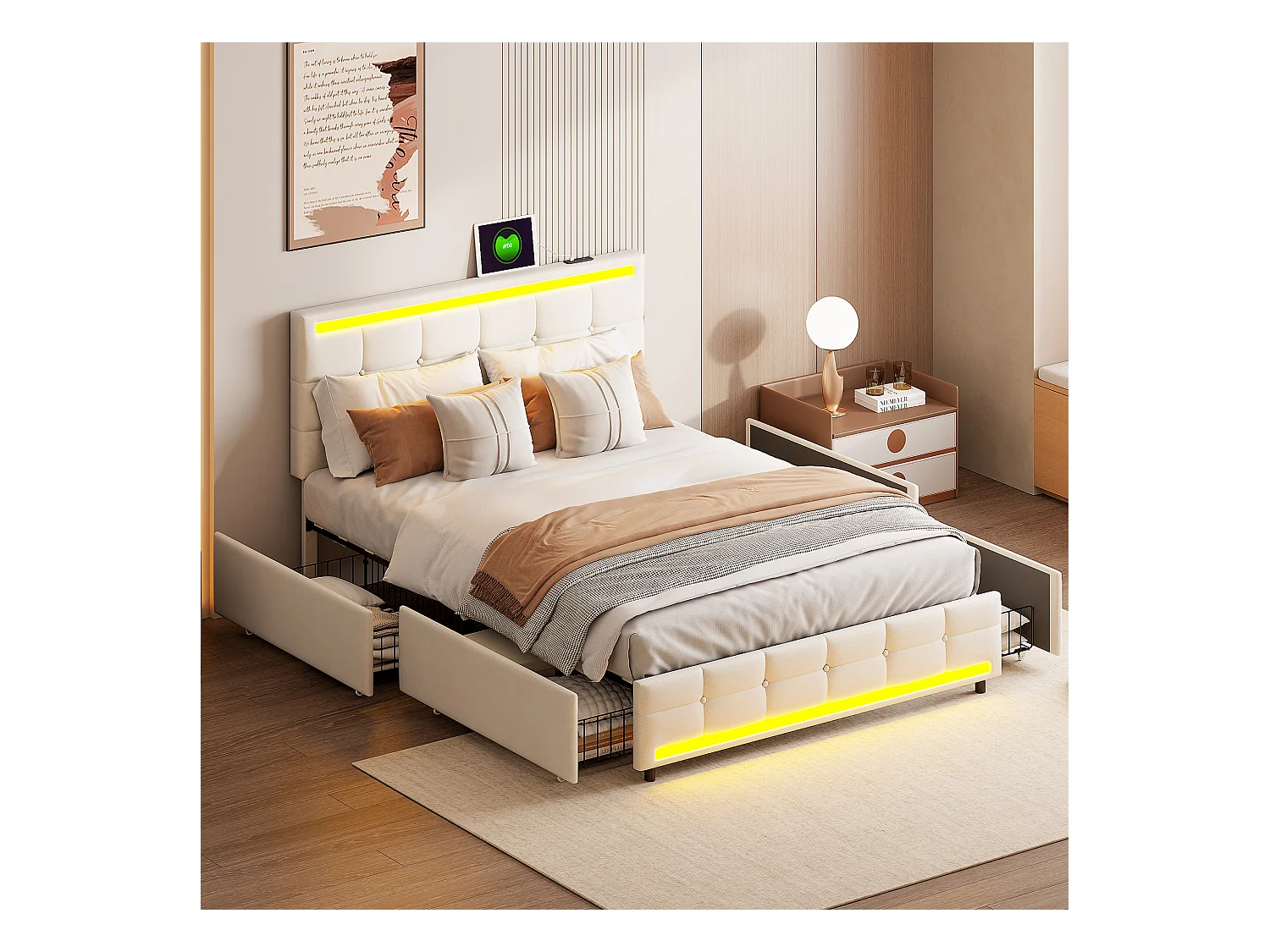Tweepersoonsbed 140x200cm, met LED-verlichting en USB-oplaadpoort, opbergbed met 4 lades, linnen, beige