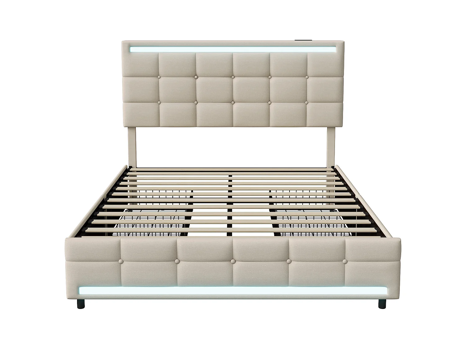 Tweepersoonsbed 140x200cm, met LED-verlichting en USB-oplaadpoort, opbergbed met 4 lades, linnen, beige