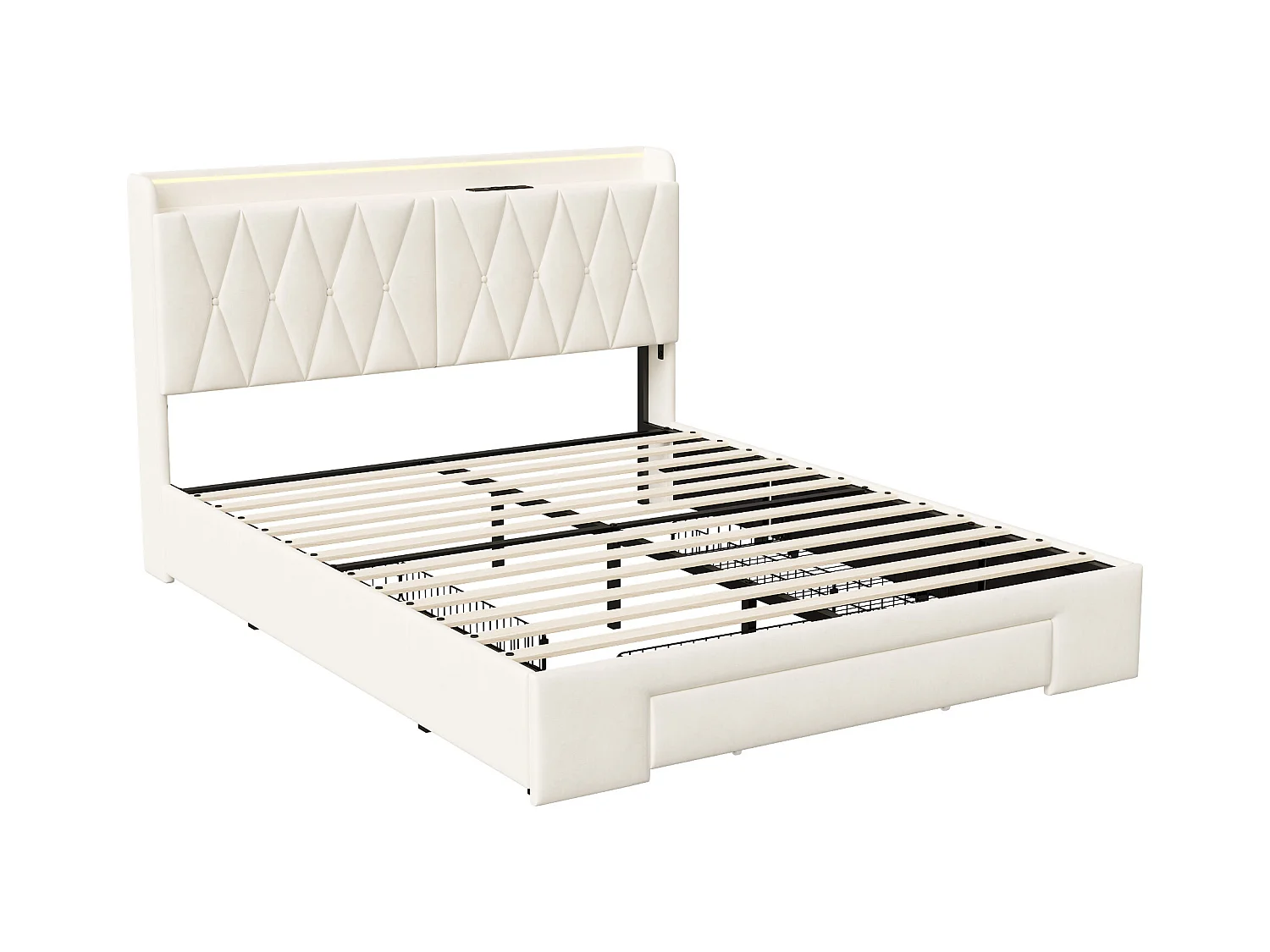 Letto 140 x 200 cm con base e 3 cassetti, testiera imbottita con contenitore e LED, USB, Beige