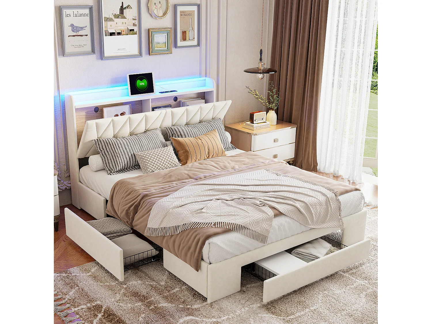 Lit 160 x 200 cm avec sommier et 3 Tiroir,Tête de lit rembourrée avec Rangement et LED, USB, Beige