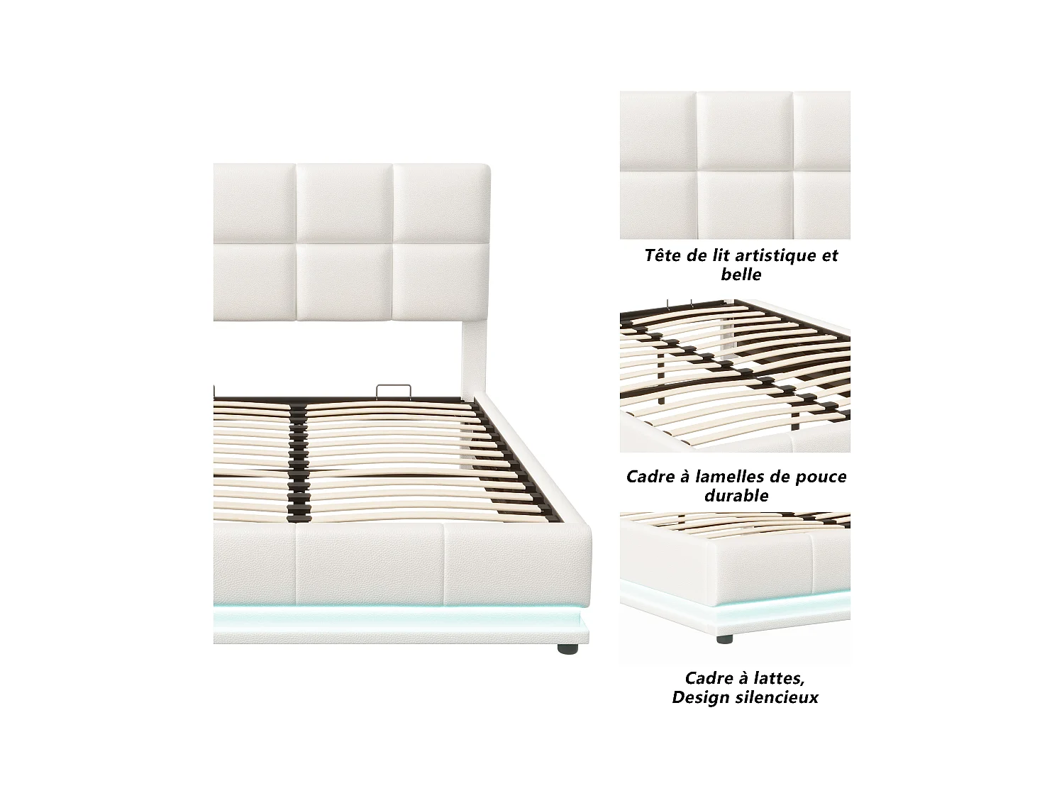 Lit Double Rembourré 140x200 cm avec éclairage LED, LIT avec Sommier et rangement, PU,Blanc