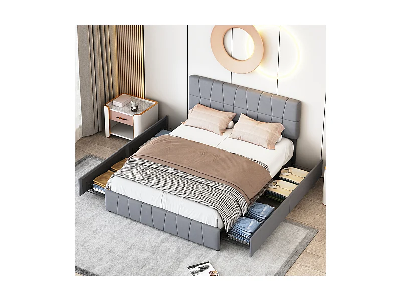 Cama tapizada de 160 x 200 cm con amplio espacio de almacenaje, doble con respaldo y somier de láminas, terciopelo gris