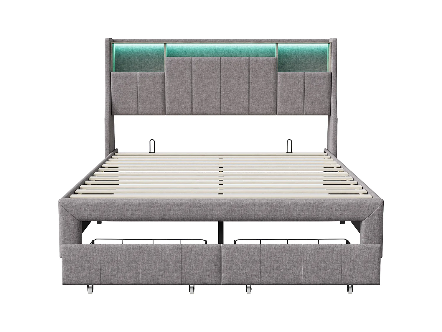 Lit Double capitonné 140x200 cm avec LED et Port USB, Lit rembourré avec 2 tiroirs de Rangement,Gris