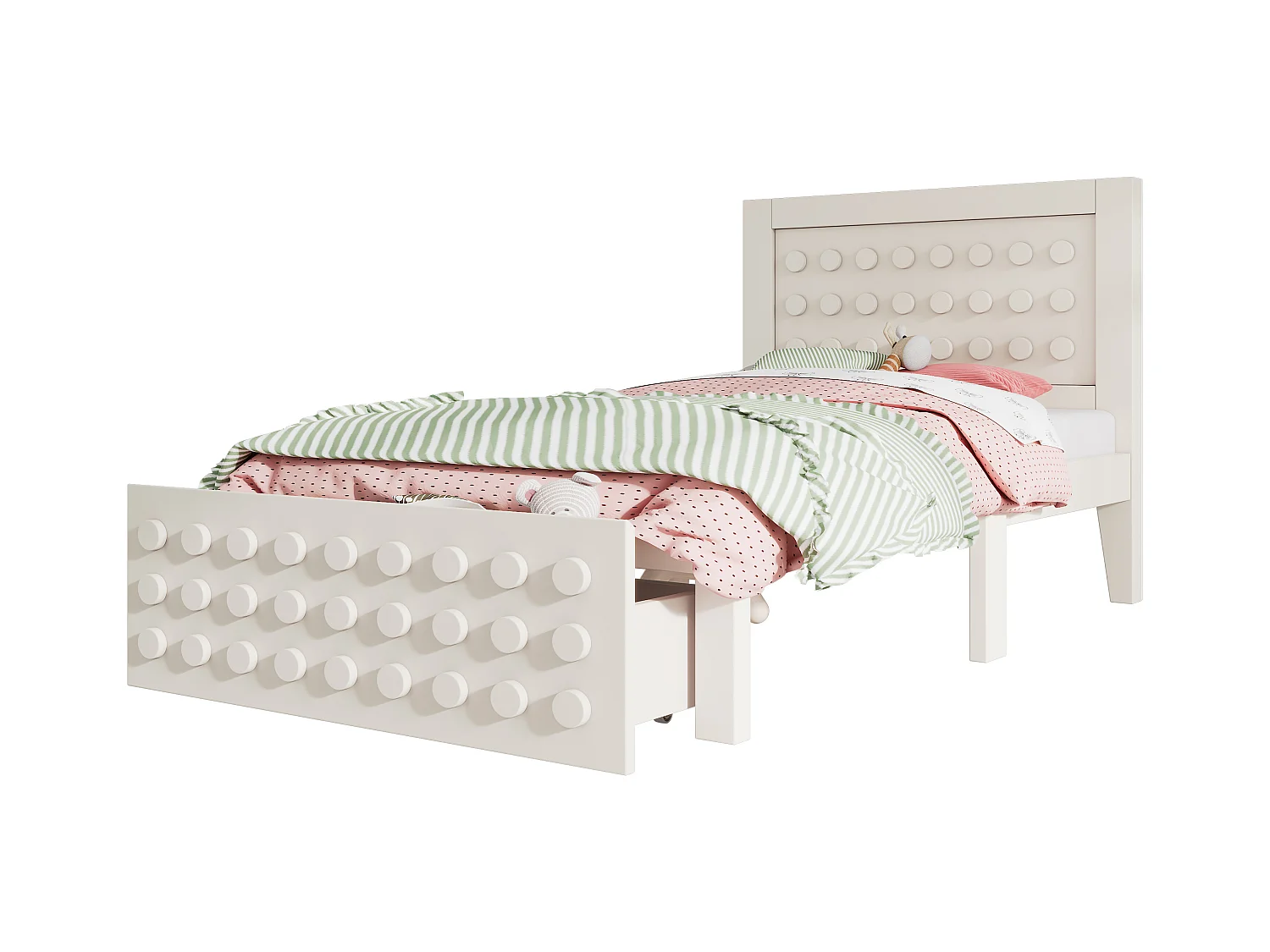 Lit simple en bois - 90 x 200 cm - au design créatif en blocs - avec sommier à lattes + 1 tiroir - bois massif + MDF - blanc