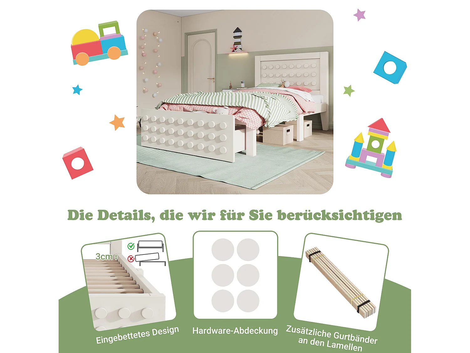 Lit simple en bois - 90 x 200 cm - au design créatif en blocs - avec sommier à lattes + 1 tiroir - bois massif + MDF - blanc