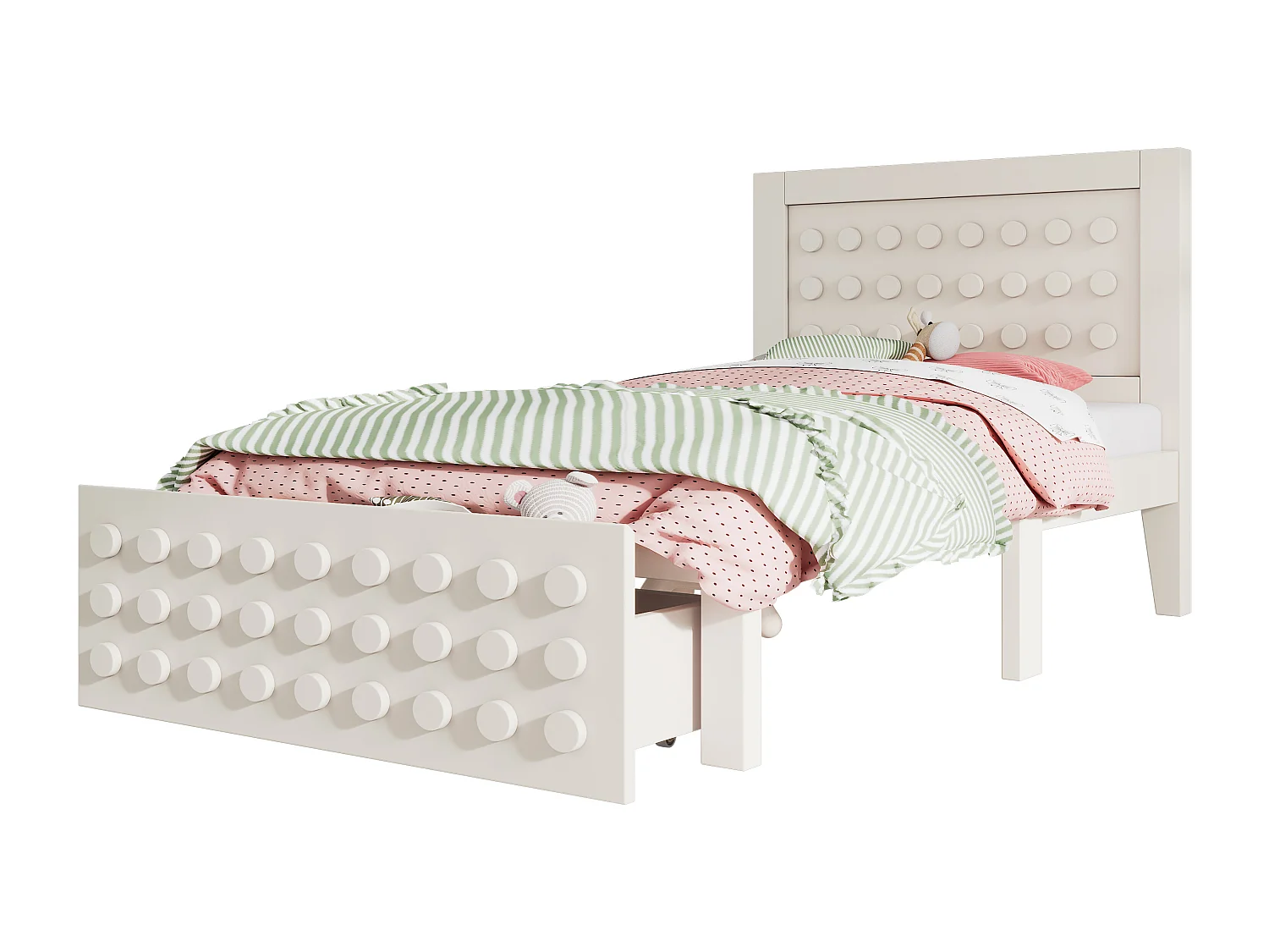 Lit simple en bois - 90 x 200 cm - au design créatif en blocs - avec sommier à lattes + 1 tiroir - bois massif + MDF - blanc