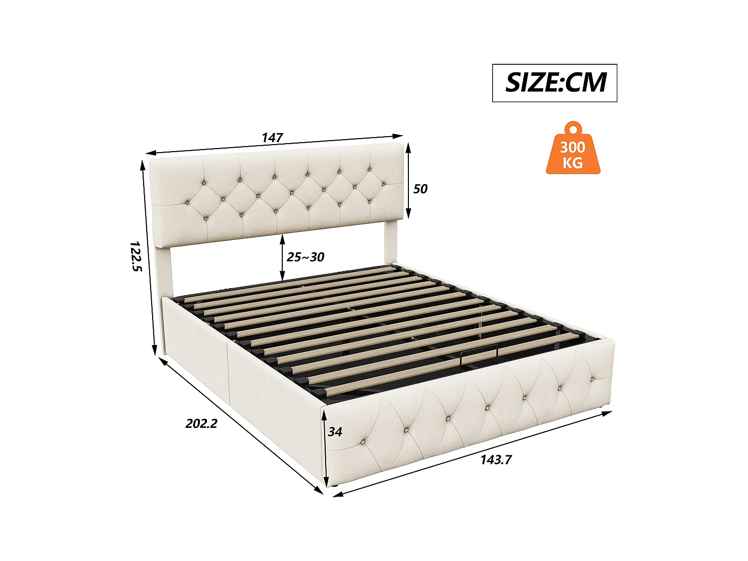 Lit rembourré 140 x 200 cm, Lit Double avec Rangement sous Lit, sommier à Lattes en métal, Beige