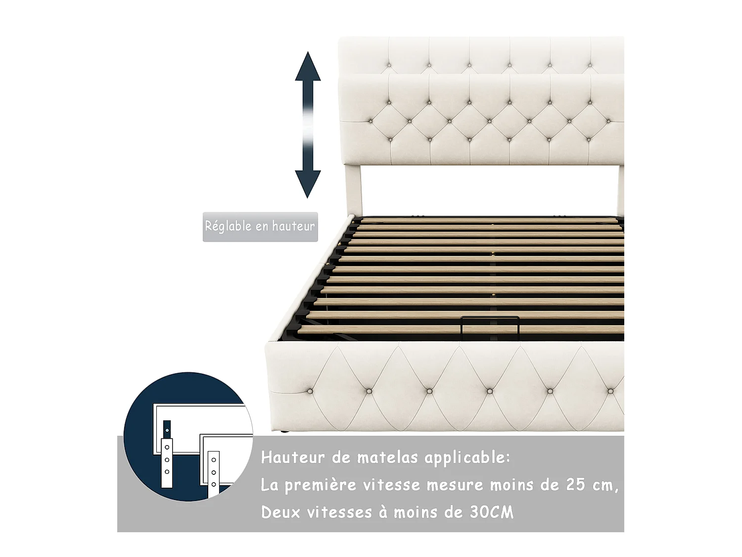 Lit rembourré 140 x 200 cm, Lit Double avec Rangement sous Lit, sommier à Lattes en métal, Beige