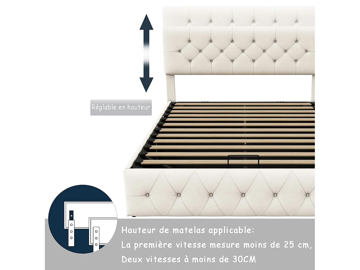 Letto imbottito 140 x 200 cm, Letto matrimoniale con contenitore, rete a doghe in metallo, Beige