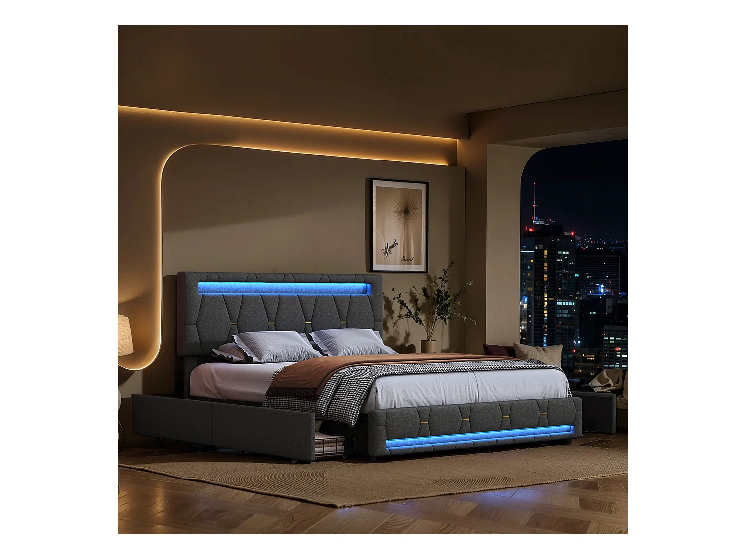 Lit LED 160 x 200 cm, avec 4 tiroirs, lit Double, tête de lit réglable, Lits de Rangement, Lin, Gris