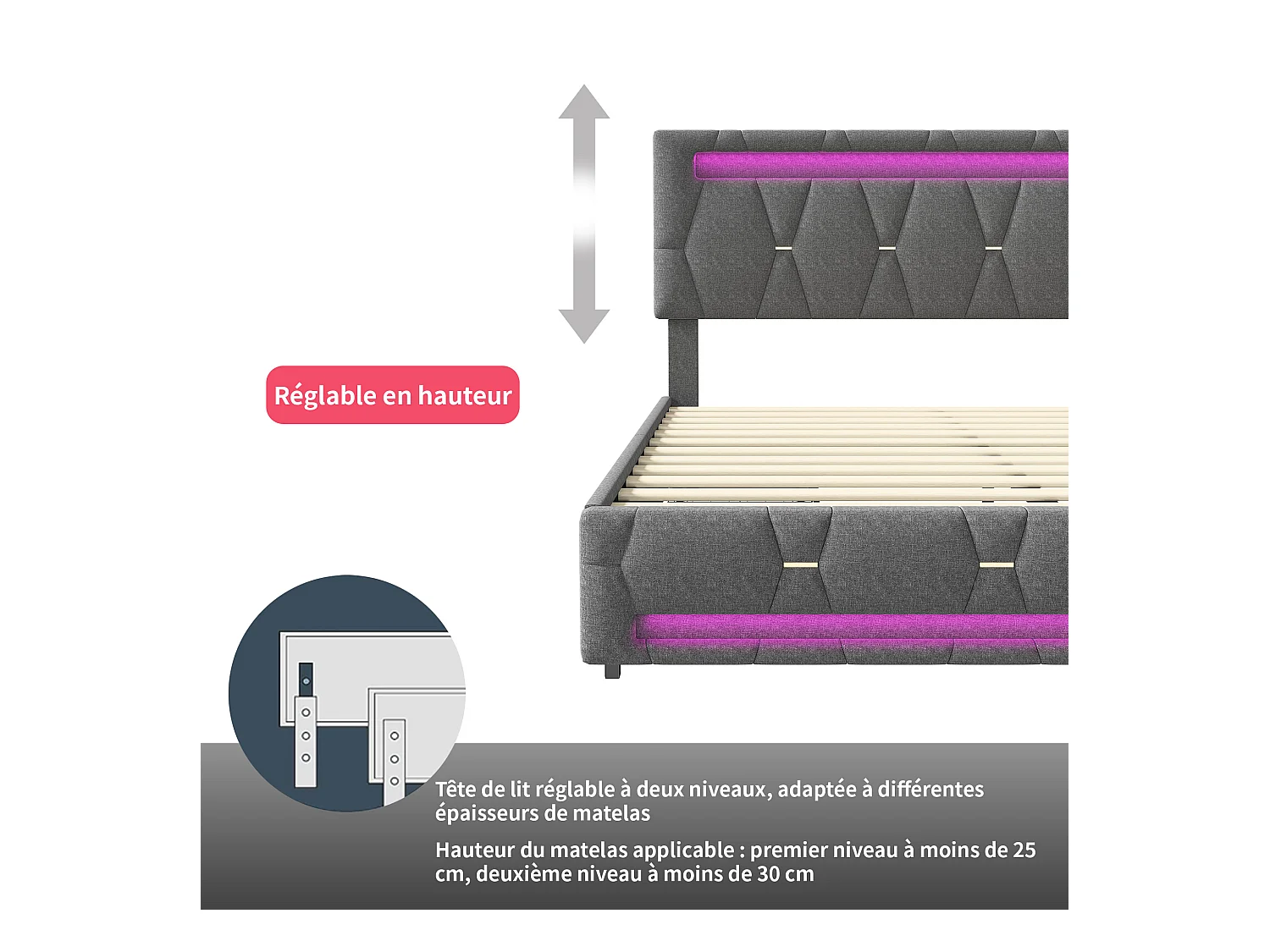 Lit LED 160 x 200 cm, avec 4 tiroirs, lit Double, tête de lit réglable, Lits de Rangement, Lin, Gris