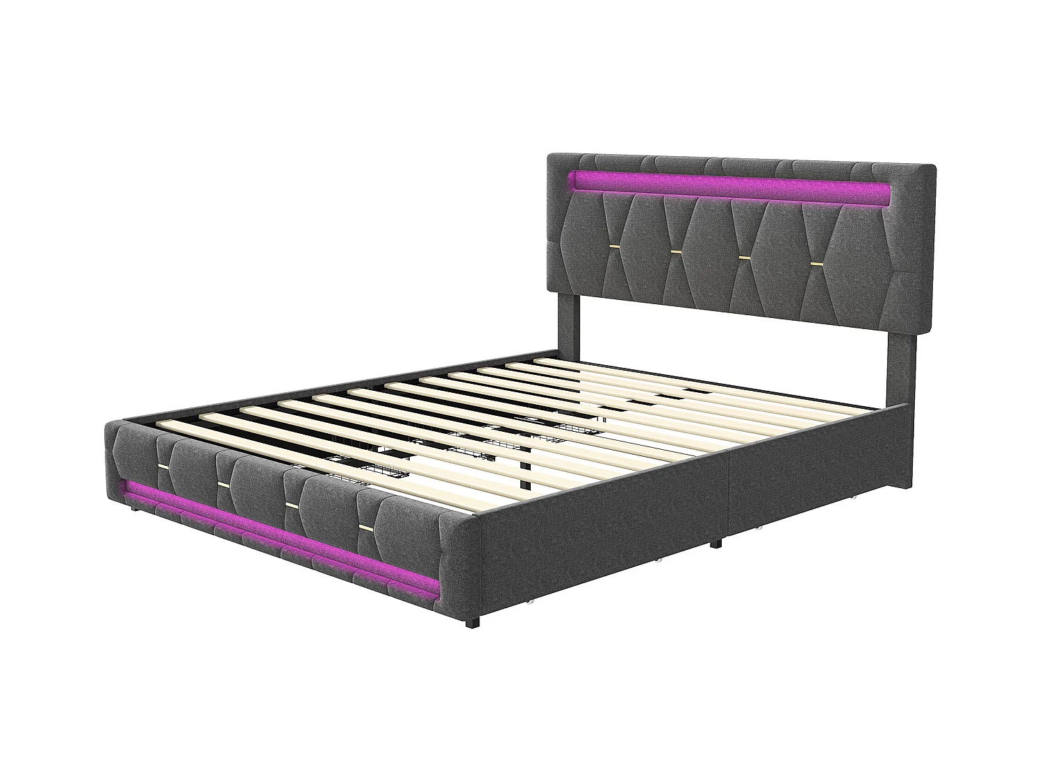 Lit LED 160 x 200 cm, avec 4 tiroirs, lit Double, tête de lit réglable, Lits de Rangement, Lin, Gris