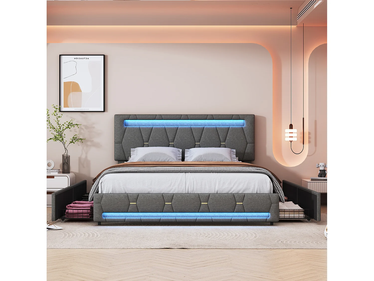 Cama LED 160 x 200 cm, com 4 gavetas, Cama de casal, cabeceira ajustável, Camas com arrumação, Linho, Cinzento