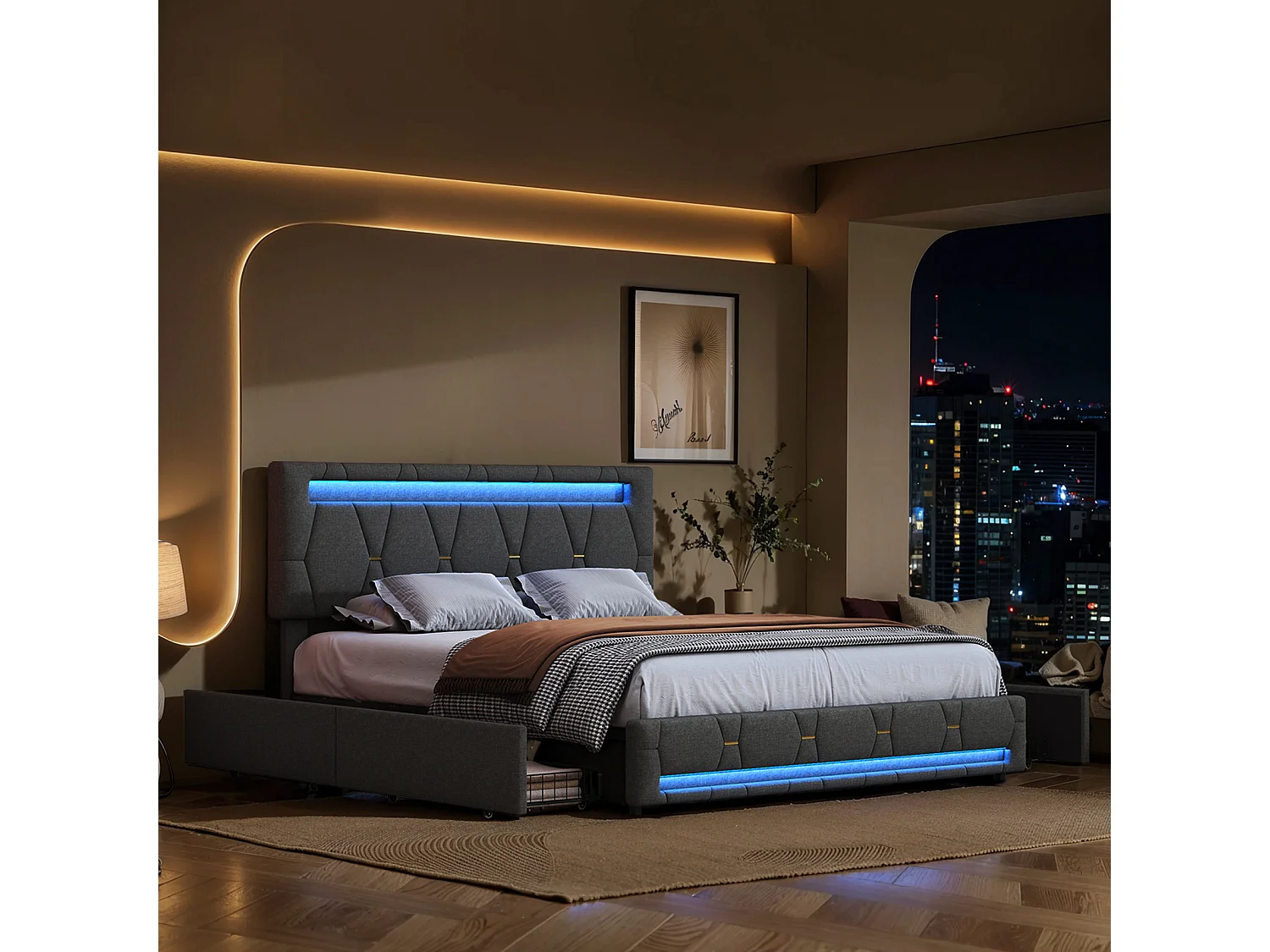 Cama LED 160 x 200 cm, com 4 gavetas, Cama de casal, cabeceira ajustável, Camas com arrumação, Linho, Cinzento