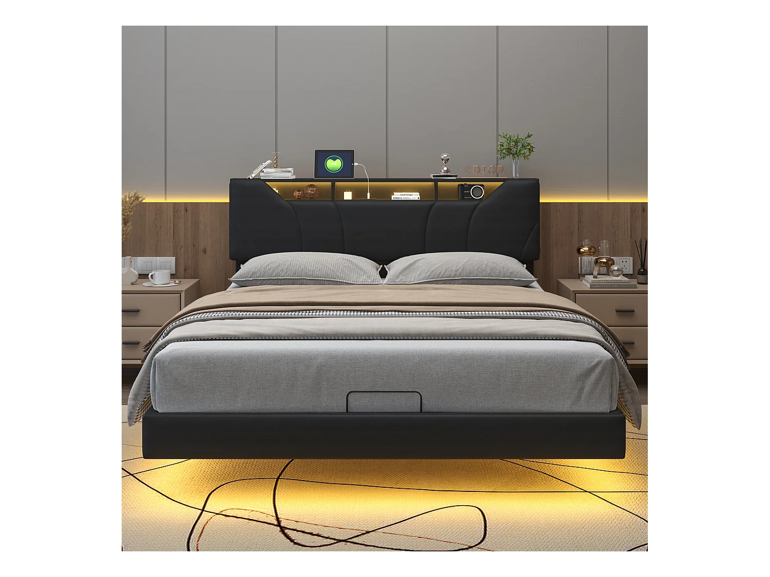 Letto contenitore imbottito 140x200cm con rete a doghe, struttura letto sospesa con luce LED, nero