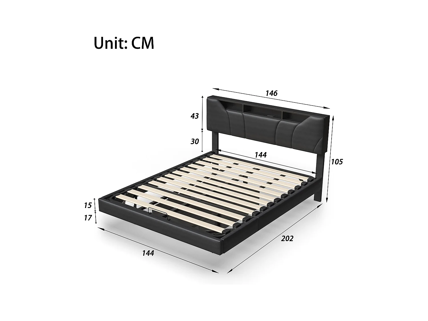 Letto contenitore imbottito 140x200cm con rete a doghe, struttura letto sospesa con luce LED, nero