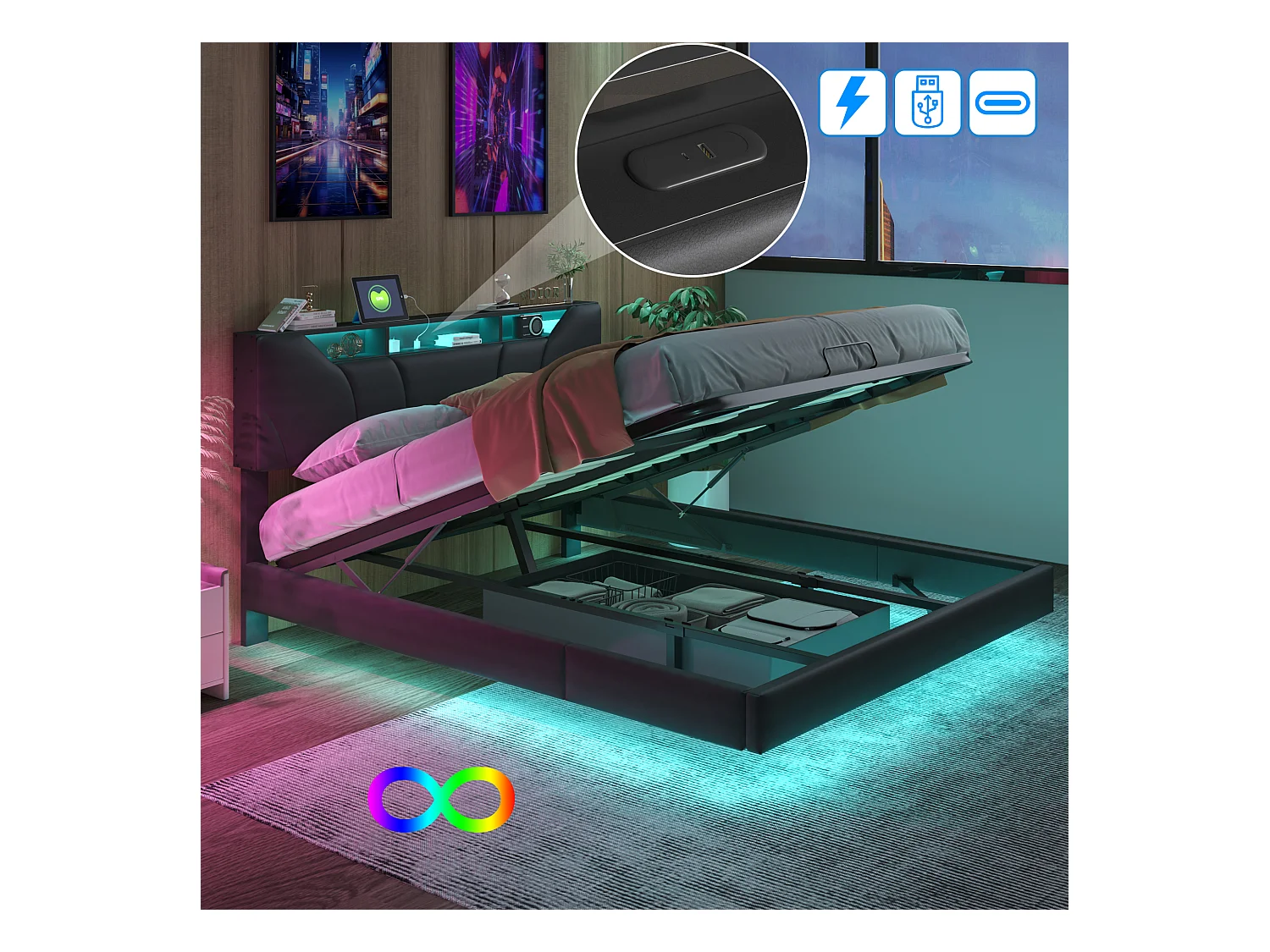 Letto contenitore imbottito 140x200cm con rete a doghe, struttura letto sospesa con luce LED, nero