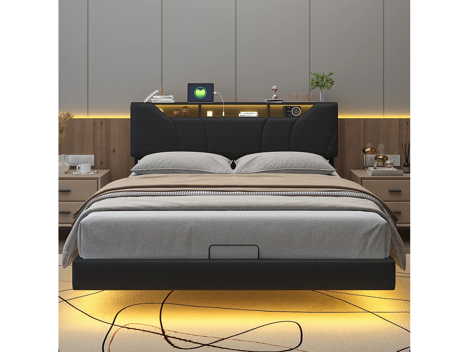 Letto contenitore imbottito 140x200cm con rete a doghe, giroletto sospeso con luce LED, nero