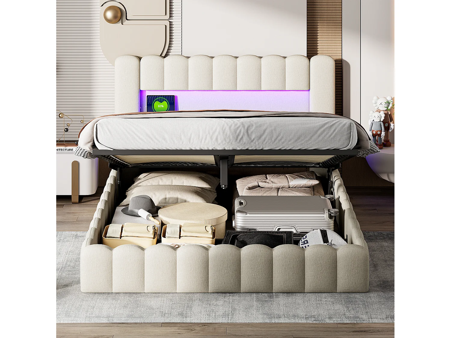 Gestoffeerd bed 160x200 cm met ledverlichting en USB-oplaadpunt, verstelbare functie en lattenbodem, beige