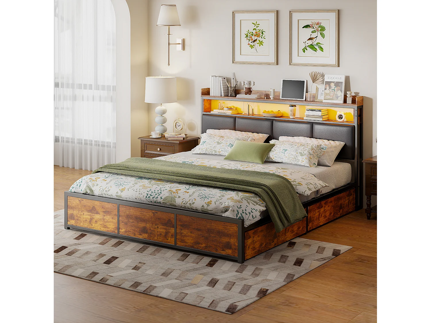 Bedframe 140 x 200 met metalen onderstel, tweepersoonsbed met opbergruimte en led-verlichting, PU, zwart